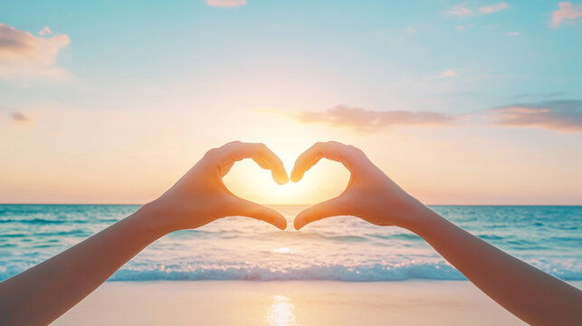 Diversity concept, two multiethnic multiracial people hands making heart shape on sand beach at sea or ocean sunset.
