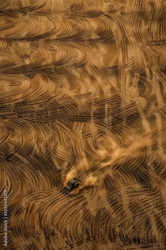 Poster overhead view of rotary tillage creating intricate soil patterns for agricultural design