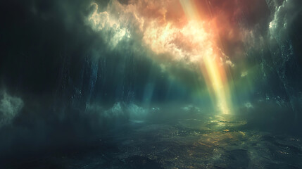 Ethereal landscape with radiant light breaking through clouds