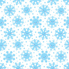 Vector winter seamless pattern with cute kawaii snowflake characters