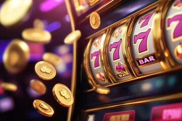 A golden slot machine with gold coins flying around