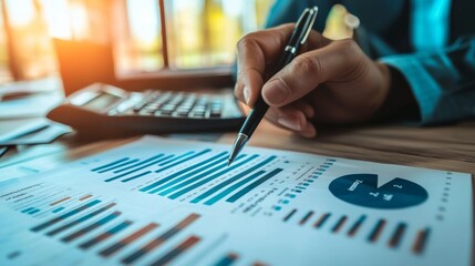 Person analyzing financial charts and graphs with pen