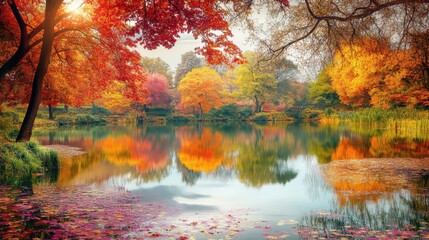  Wide view of a lake surrounded by autumn trees with vibrant colors, calm water reflecting the foliage