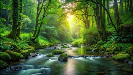 Obraz premium pristine forest stream with lush greenery