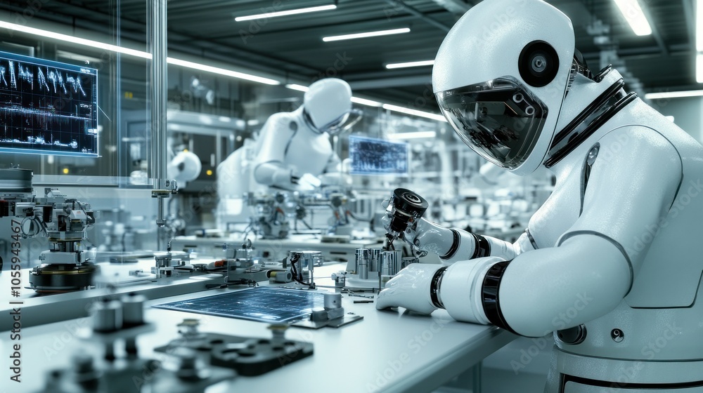 Poster A White Robot Assembling a Device in a Futuristic Factory