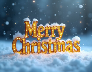 The words Merry Christmas written in glittering golden letters against a snowy backdrop