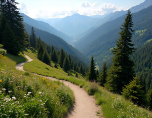 winding mountain trail surrounded by dense green forests and wildflowers