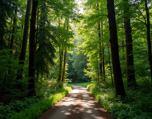 A peaceful forest path surrounded by towering trees and vibrant greenery
