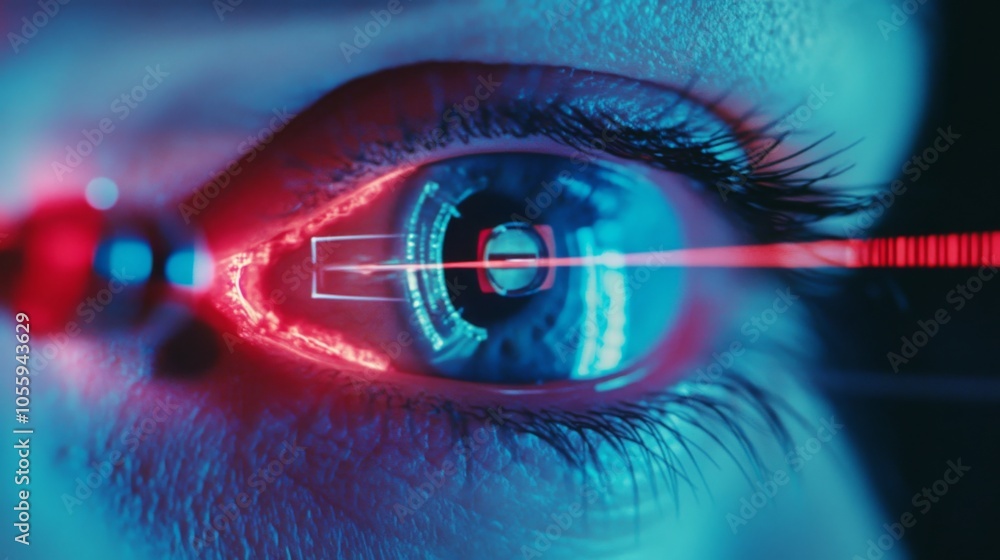 Poster A close-up view of a human eye with long black eyelashes. A red laser beam is shining across the eye. The eye is illuminated with a blue and red light, creating a striking visual effect.