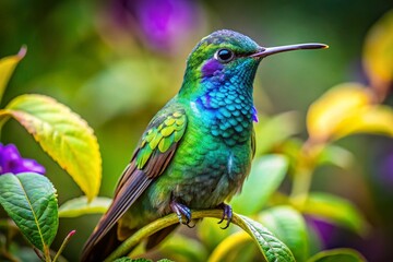 Fototapeta premium Stunning Green Violet Eared Hummingbird in Mexico's Central Mountains - High Depth of Field Photography
