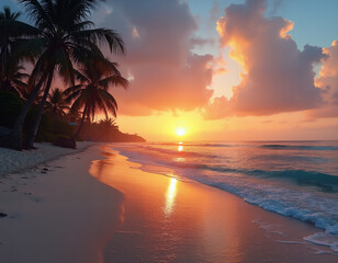 beach at sunset, the sky ablaze with warm hues of orange and pink
