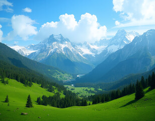 a lush green valley with rolling hills covered