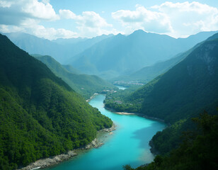 a turquoise river gently curves through a dense forested valley