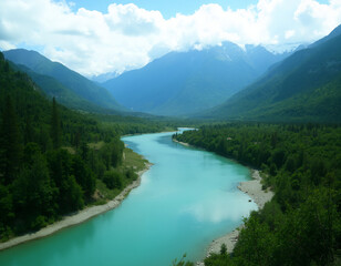 a turquoise river gently curves through a dense forested valley