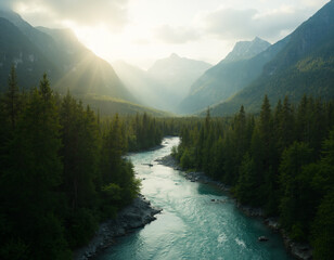a turquoise river winds its way through a dense, green forested valley