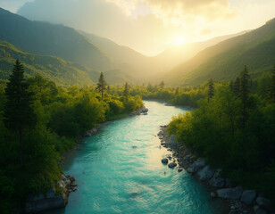 a turquoise river winds its way through a dense, green forested valley