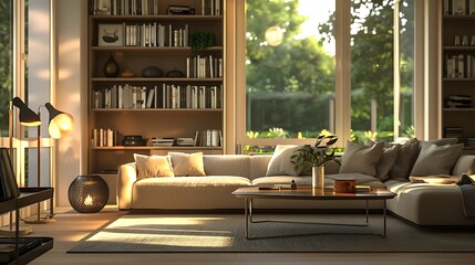 Modern Living Room Design Created by AI - Sleek Minimalist Interior with Cozy Seating, Natural Lighting, and Contemporary Decor Elements