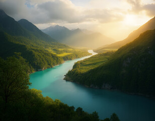 a turquoise river winds its way through a dense, green forested valley