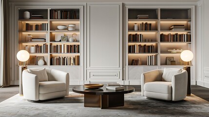 Fototapeta premium Modern Living Room Design Created by AI - Sleek Minimalist Interior with Cozy Seating, Natural Lighting, and Contemporary Decor Elements