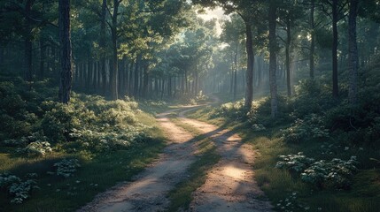 Obraz premium A winding dirt road through a dense forest at sunrise, with sunbeams filtering through the trees, highlighting the trail natural beauty
