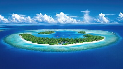 Fototapeta premium Aerial view of Bora Bora's turquoise lagoon surrounded by lush green islands and white sandy beaches under a clear blue sky