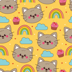 seamless pattern cartoon cat with rainbow and yellow sky. cute animal wallpaper for fabric print, gift wrap paper