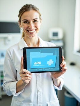 Germany introduced a new Electronic Patient Record ("Elektronische Patientenakte ePA"). Female physician holding a tablet computer with a health related file folder. Selective focus on display