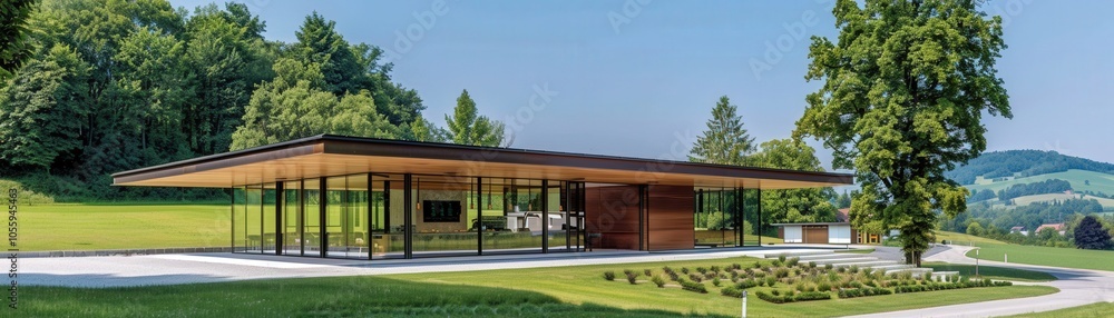 Poster a large building with a glass roof and a large tree in front of it