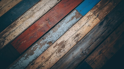 Rustic wooden floor with colorful planks and textures