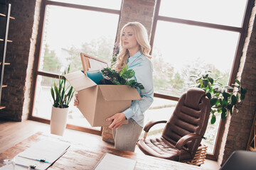 Photo of corporate worker lady think hold belongings package fired modern loft interior office indoors