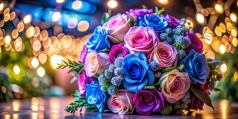 Stunning Night Photography of Luxurious Pink and Blue Wedding Bouquet with Roses and Lilac Flowers for Elegant Floral