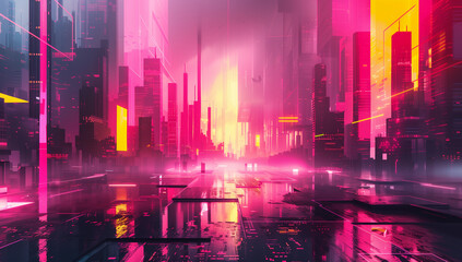 Fototapeta premium Vivid neon cityscape glowing at dusk with futuristic architecture and vibrant reflections
