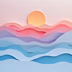 Obraz premium Vibrant Paper Art Landscape with Mountainous Waves and Gradient Sunset