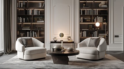Modern Living Room Design Created by AI - Sleek Minimalist Interior with Cozy Seating, Natural Lighting, and Contemporary Decor Elements