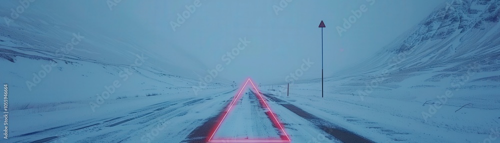 Poster a snowy road with a red line on it