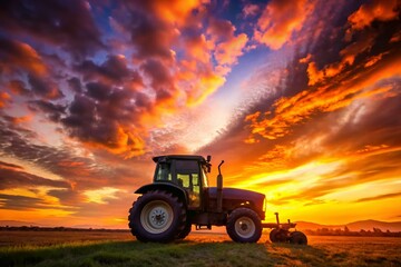 Obraz premium Stunning Silhouette of a Tractor at Sunset - Farming Landscape Photography