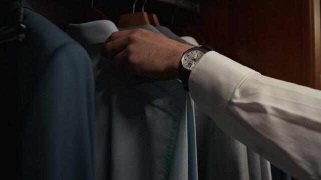 Close-up tilt up shot of hand of unrecognizable man touching fabric and taking blue formal shirt off rack in clothing store
