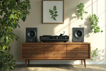 A picture of a record player with speakers on a dresser in front of a clear wall