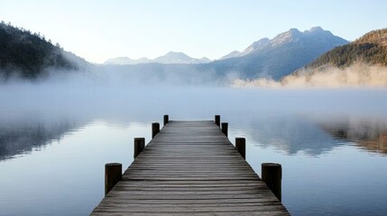 Empty wooden pier stretching into a fog-covered lake with mountains barely visible in the background, evoking peace and mystery