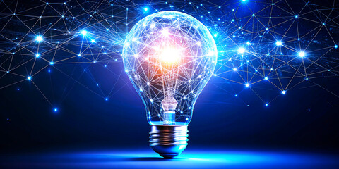  Digital Innovation Concept: Glowing Network Light Bulb.
