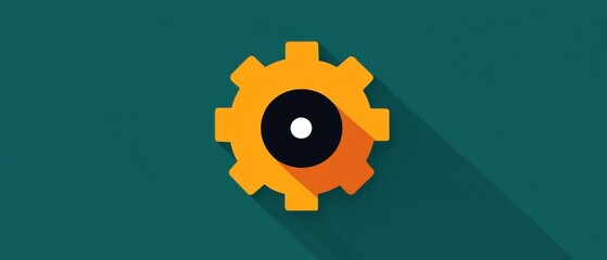 Orange gear icon with a black center on a green background.