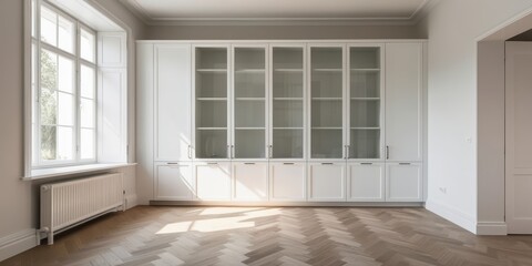 Fototapeta premium Bright modern kitchen, white cabinets, wood accents, large window, natural light, minimalist design, clean lines, neutral color palette, open space, hardwood floors, ceiling molding, contemporary styl