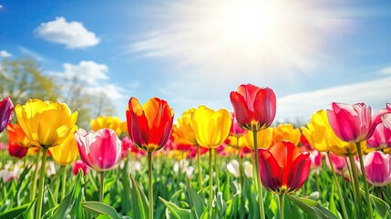 Endless fields of tulips in the Netherlands, with vibrant rows of red, yellow, and pink flowers stretching toward a blue sky