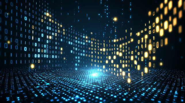 Digital waves of data create abstract scene with glowing binary code in blue and yellow hues, evoking sense of technology and innovation