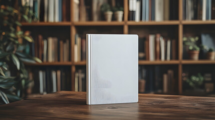Blank book mockup standing on a rustic wooden table against a backdrop of bookshelves and plants, providing ample copy space for design presentations.