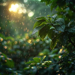 Rain drops falling on green leaves in forest generated.AI