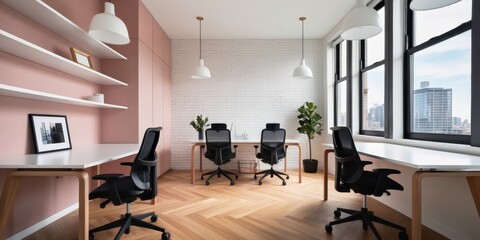Modern office interior, minimalist workspace, pink accent wall, white brick, floating shelves, ergonomic chairs, large windows, city view, pendant lighting, wooden floors, potted plants, clean design,