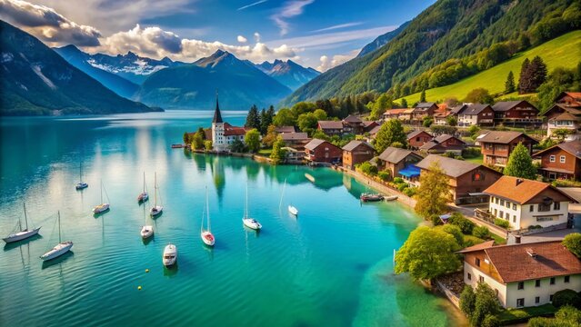 Stunning View of Brienz Lake with Turquoise Waters and Traditional Swiss Houses
