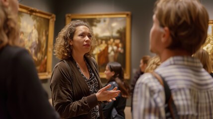 Museum Curator Engaging Visitors with Art History in Warmly Lit Gallery Setting