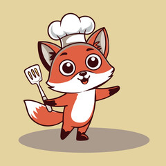 A cartoon fox is wearing a chef's hat and holding a spatula